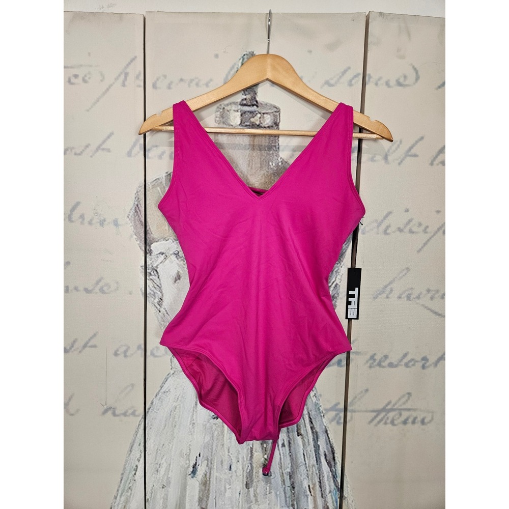 NWT TA3 Plungey One Piece Swimsuit L Short Pink Shaping Corset Back V-Neck Swim